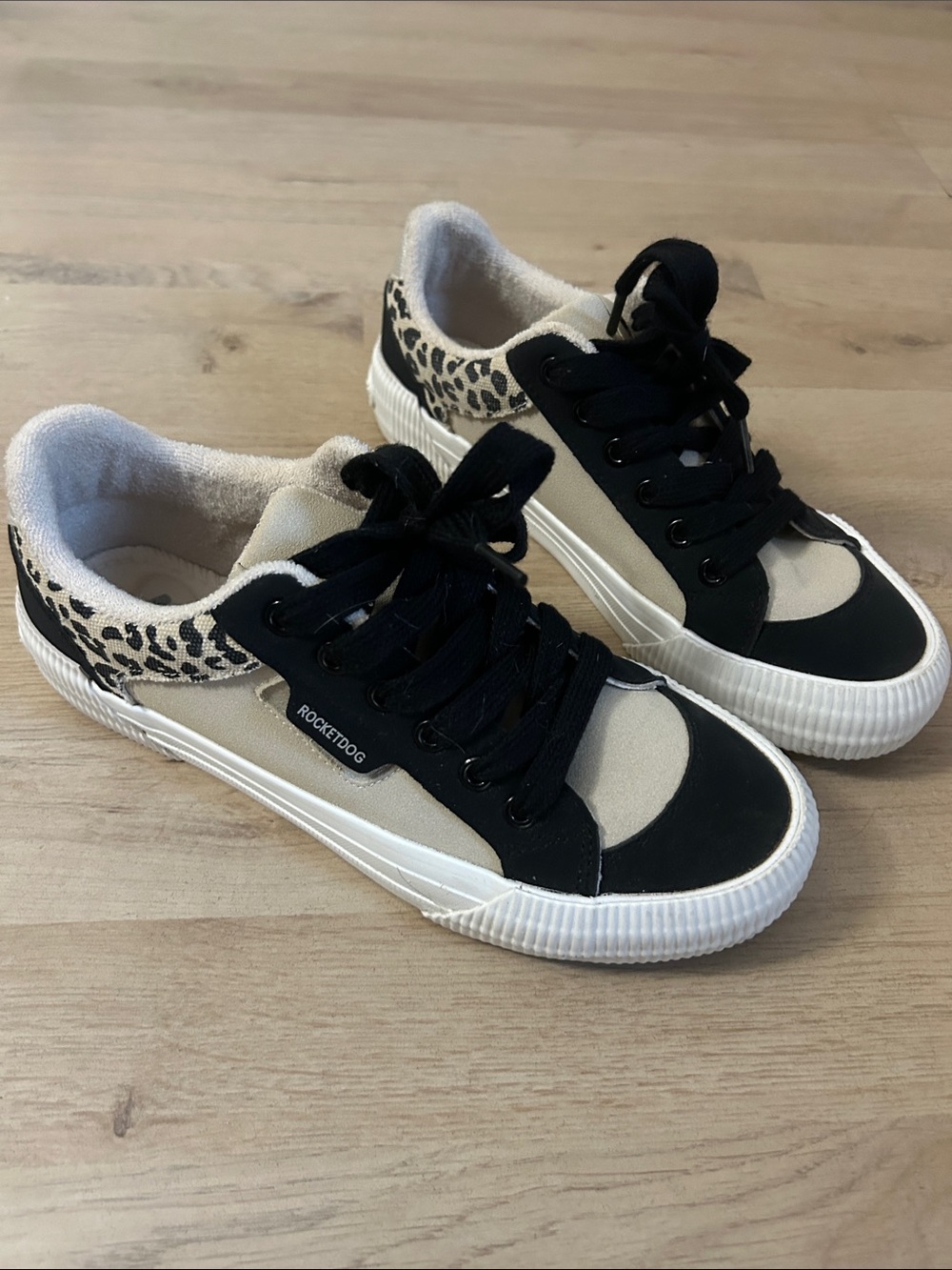 Rocket Dog Black and Cream Sneakers with Leopard Heel Accent